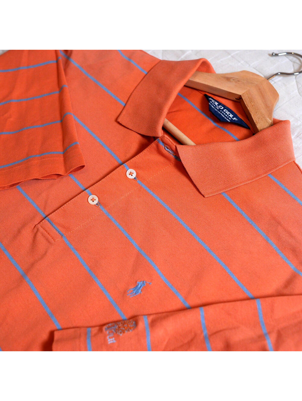 Polo Golf Ralph Lauren Orange Blue Striped Polo Shirt Men L Golf Casual Preppy